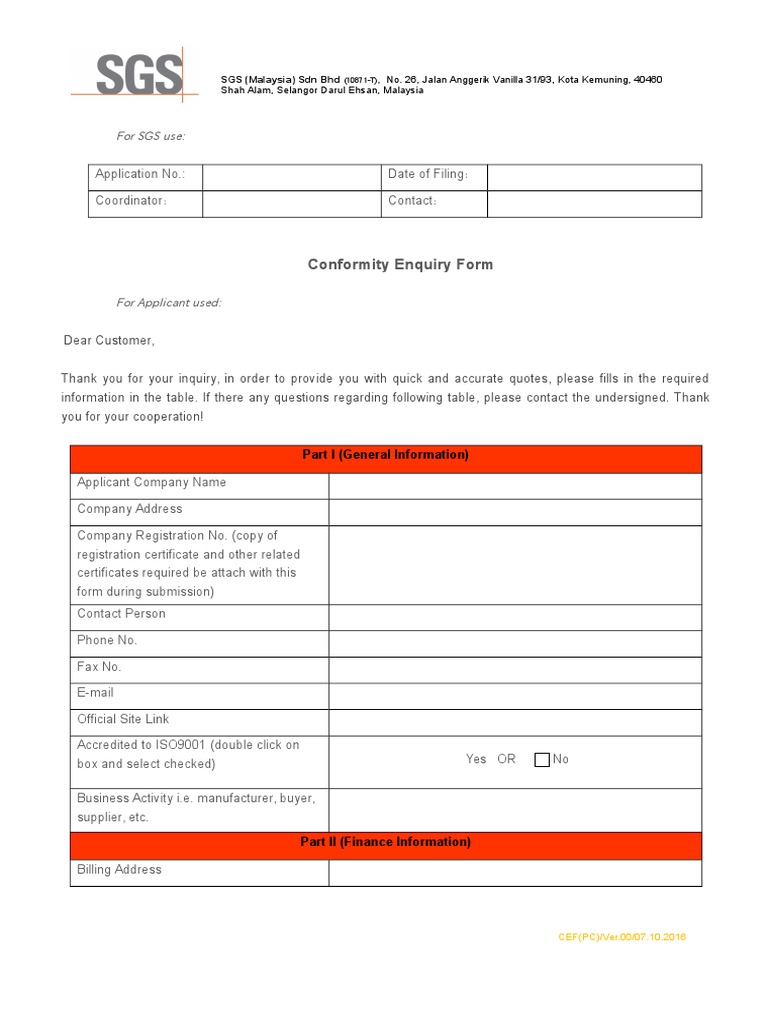 SGS Conformity Enquiry Form (Application Form) PDF Specification