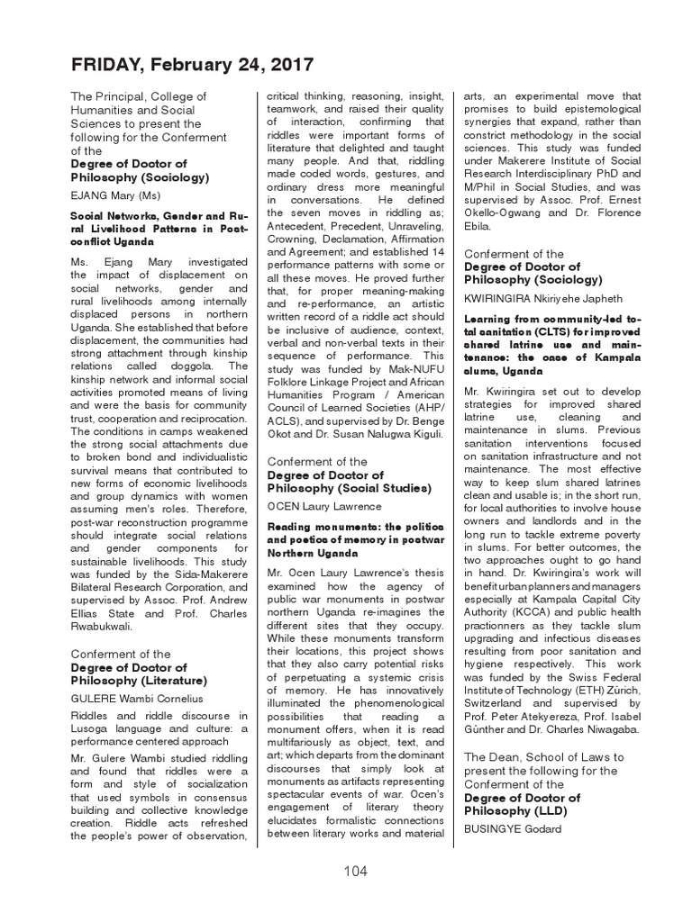 Makerere AR 67th Graduation Day4 24thfeb2017 | PDF | Slum | Doctorate