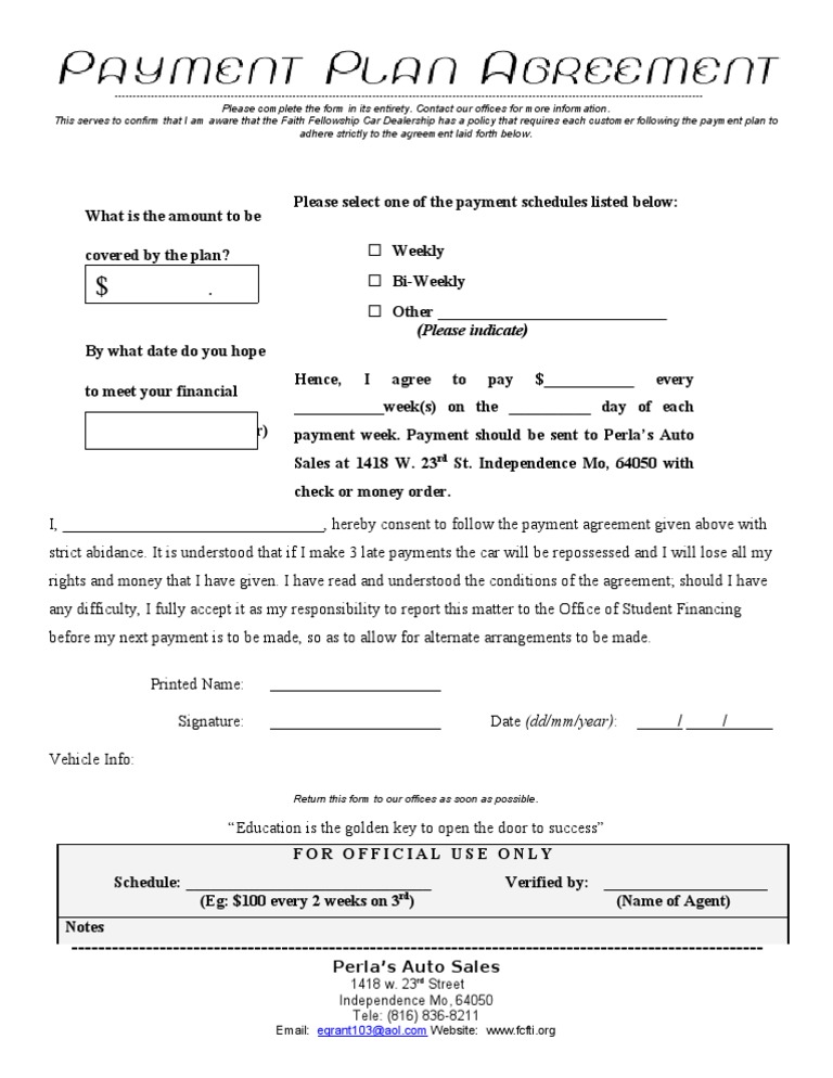 Vehicle Payment Plan Agreement Form | PDF | Business