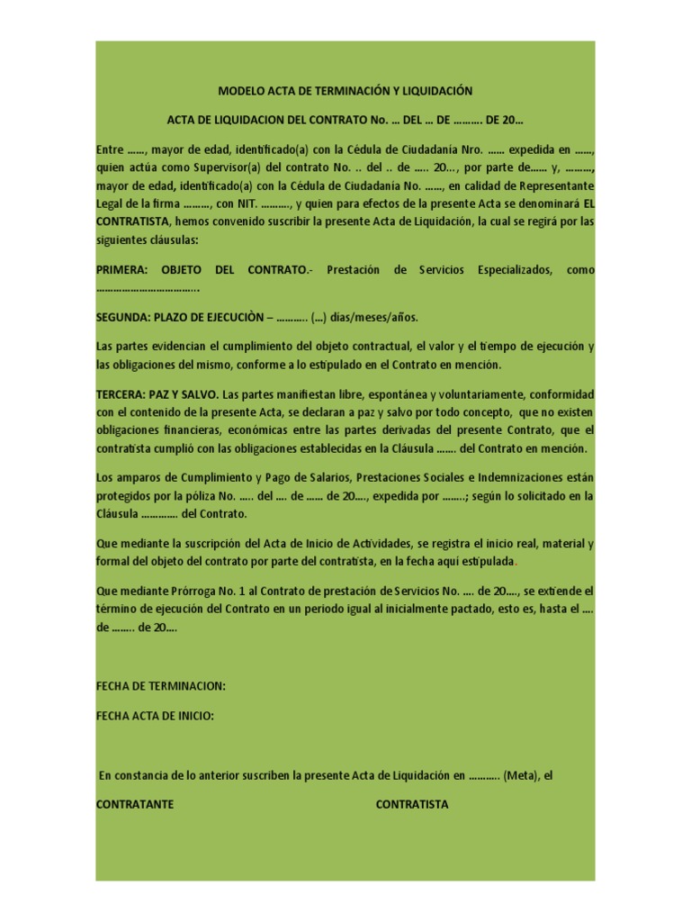 MODELO ACTA DE TERMINACIÓN Y LIQUIDACIÓN