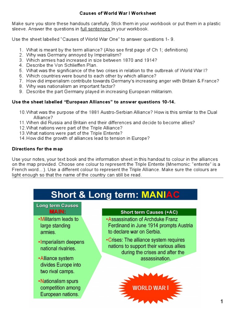 worksheet World War 1 Worksheet world war 1 causes and alliances worksheet german empire allies of i