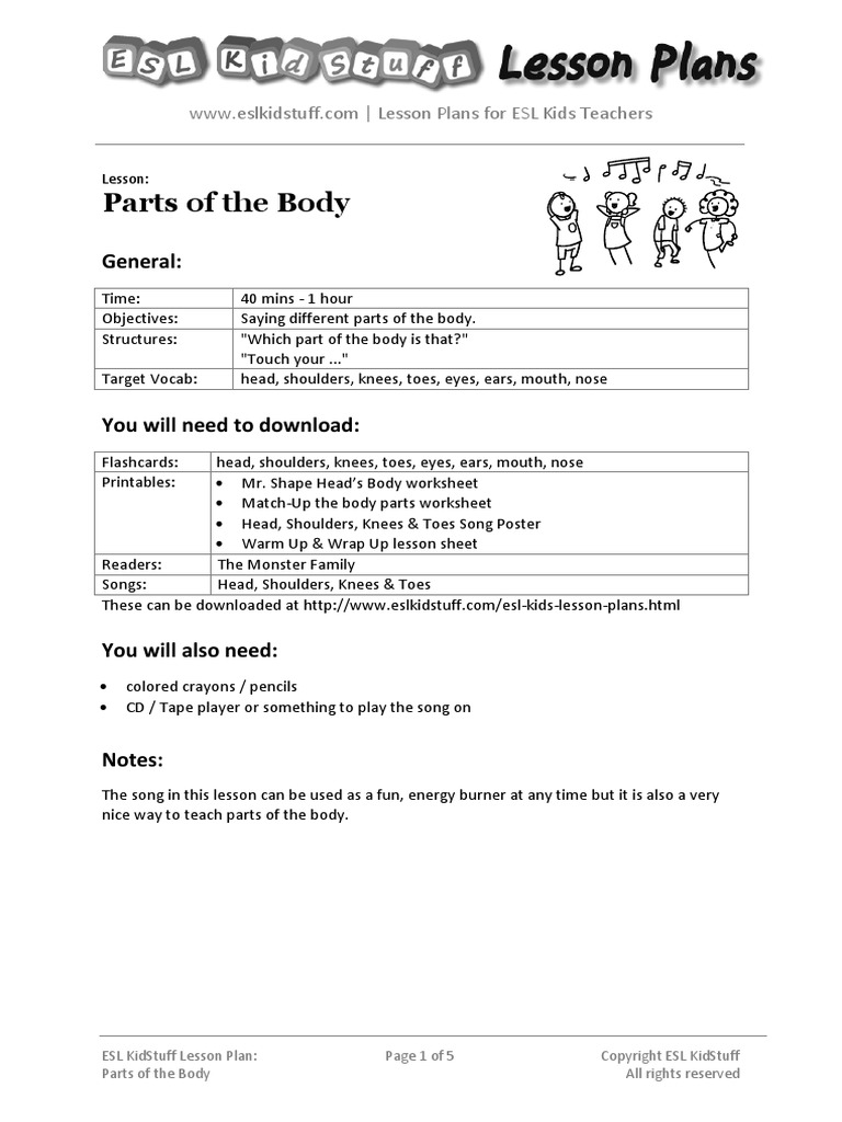 worksheet Parts Of The Body Esl Worksheet body lesson plan pdf english as a second or foreign language