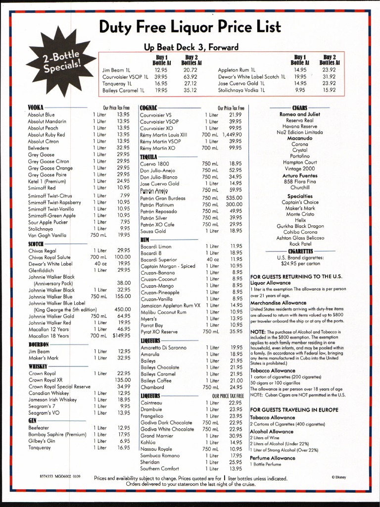 Duty Free Liquor Price List | Alcoholic Drinks | Distilled ...