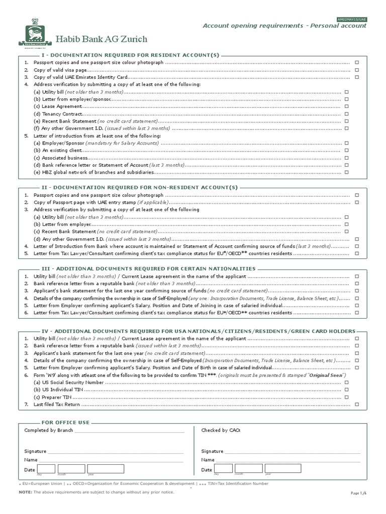 Habib Bank AG Zurich Account opening requirements Personal account