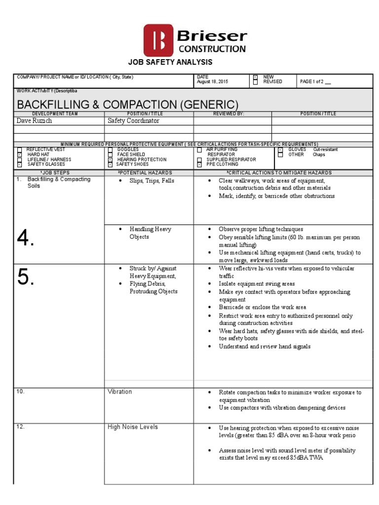 Backfilling Compaction JSA Personal Protective Equipment Safety