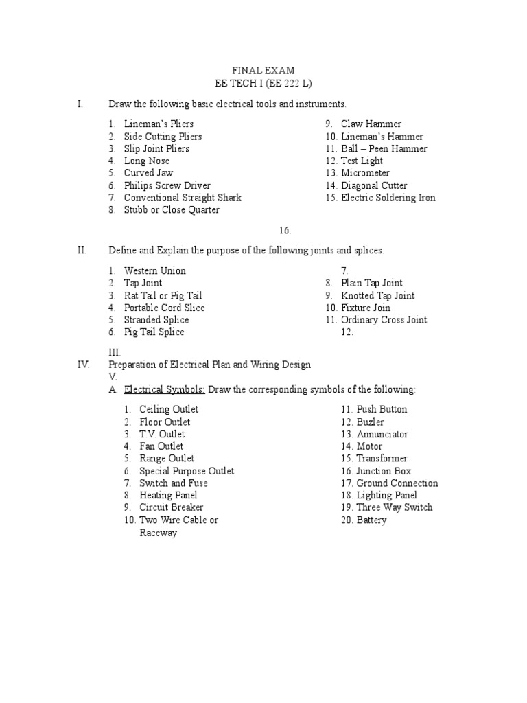 Electrical Engineering Tech Exam Test Electrical Equipment