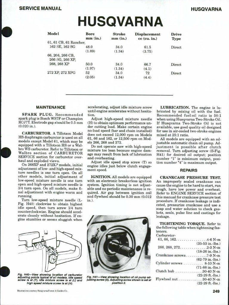 メンテナンス HUSQVARNA Husqvarna Service Manual 266 XP PDF | PDF | Piston | Cylinder (Engine)