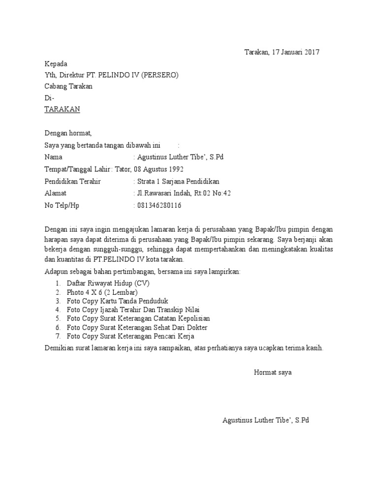 Lamaran Kerja (Pt.pelindo IV)