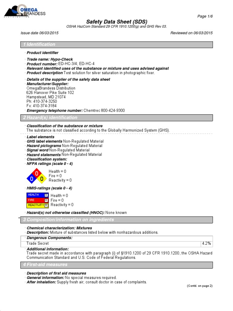 Omega Brandess Edwal HypoCheck MSDS PDF