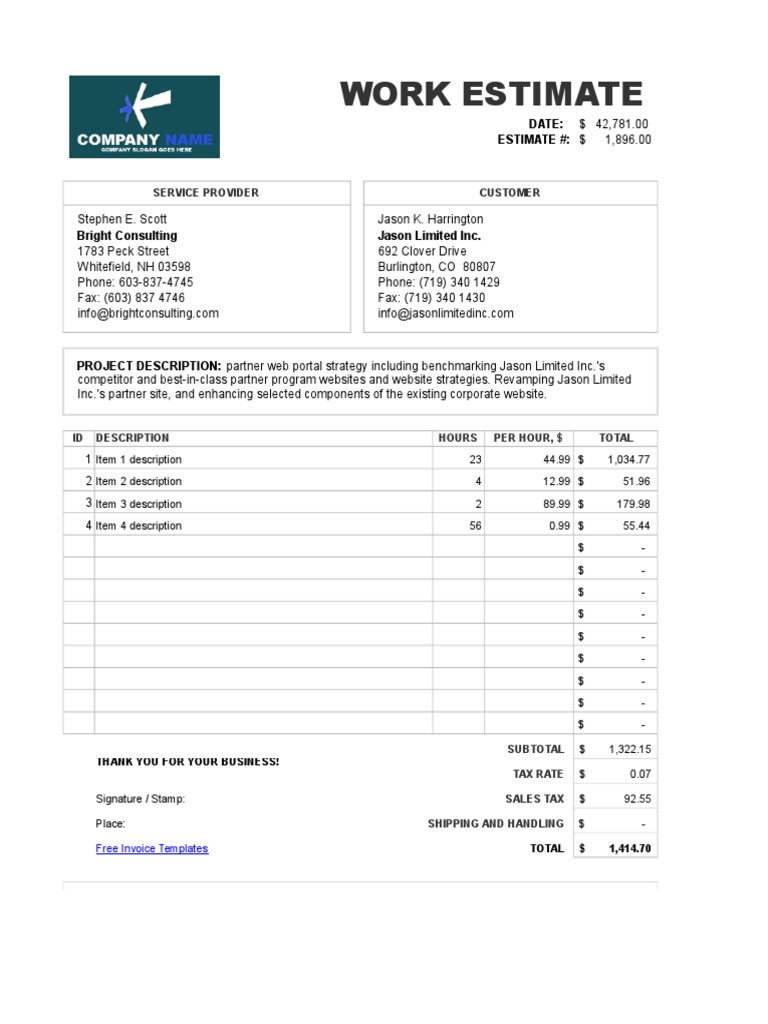 Work Estimate Template Calculates Total | Taxes | Technology
