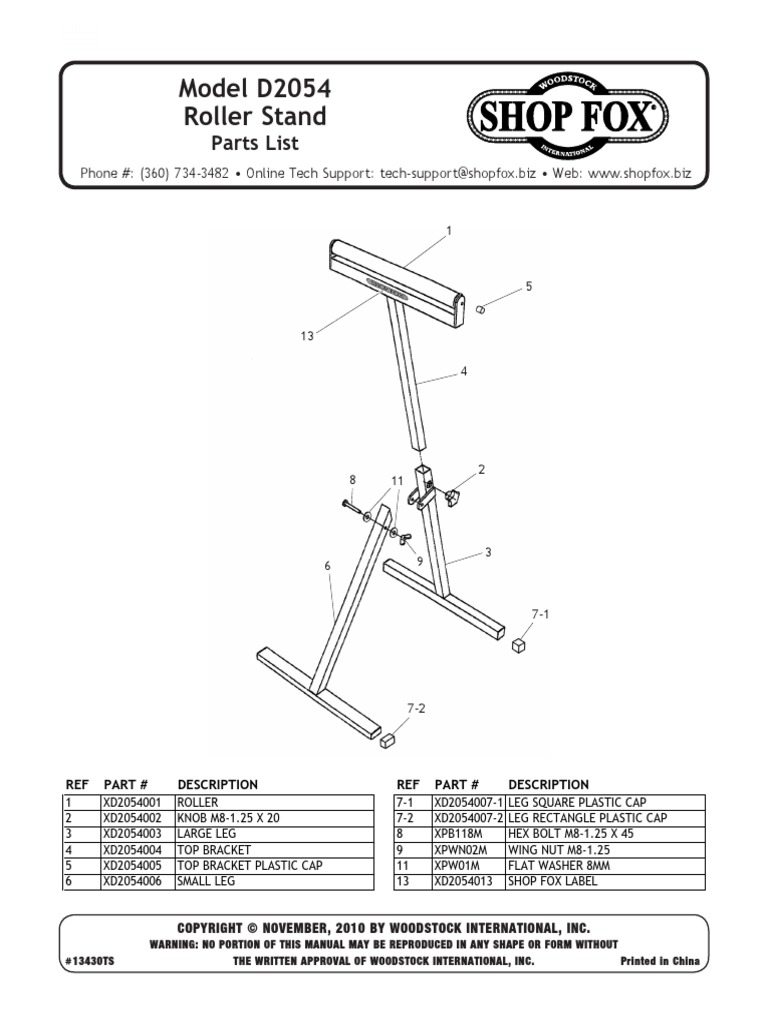 Model D2054 Roller Stand Parts List PDF