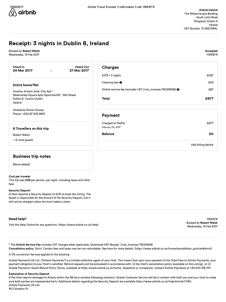 Airbnb Travel Receipt Confirmation Code Y9wefr Pdf Fee Airbnb