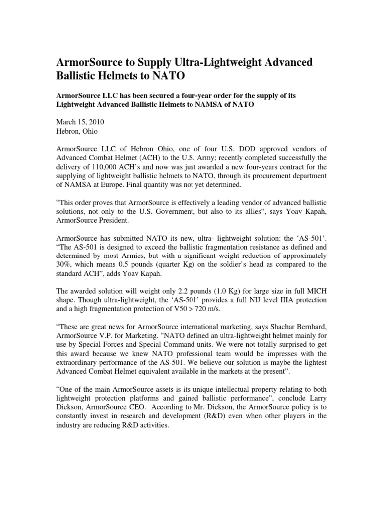 ArmorSource's AS-501 Helmet for NATO | PDF | Business | Technology ...