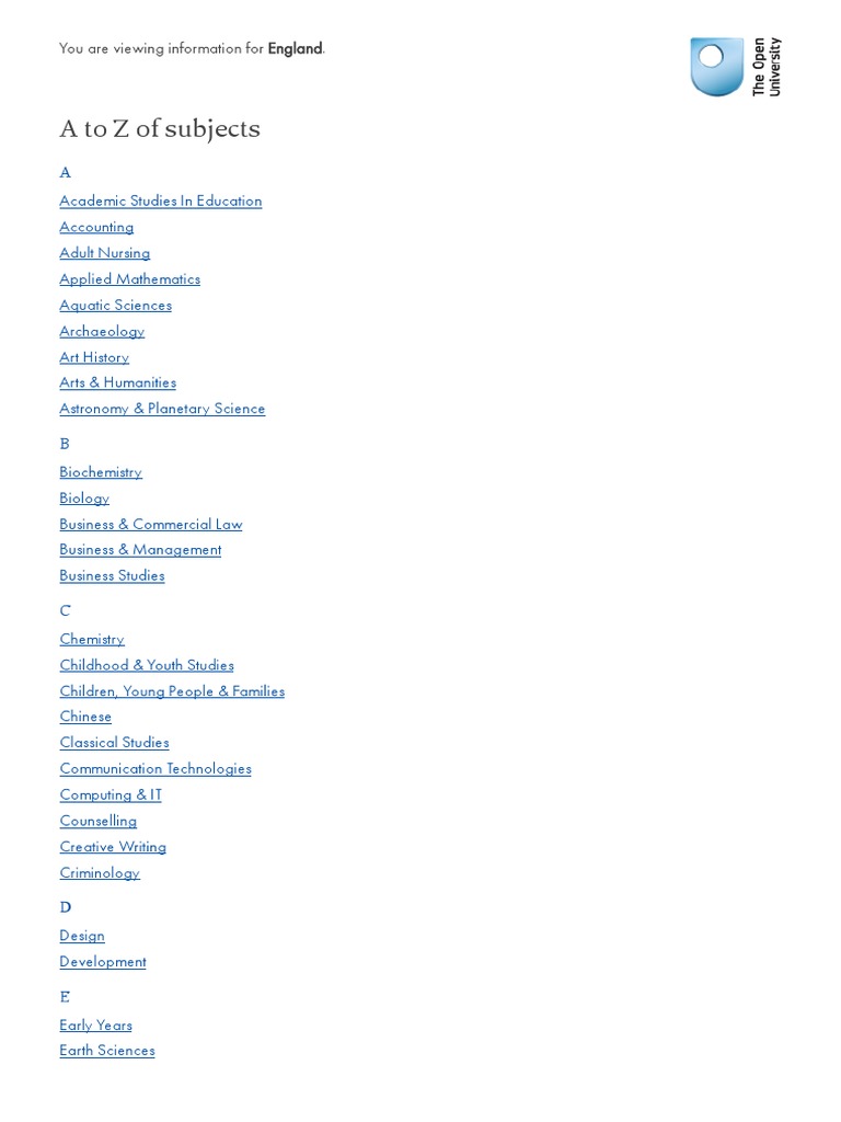 A To Z of Subjects - Open University | PDF