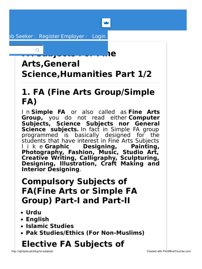 Fa Subjects for Fine Arts General Science Humanities Part 1 2
