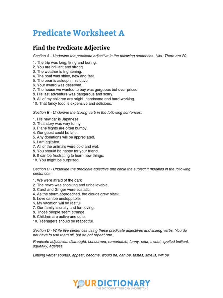 Predicate Worksheet A: Find The Predicate Adjective | PDF