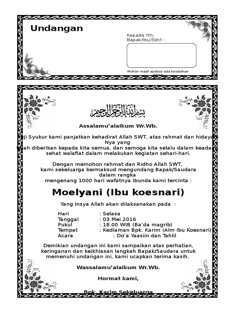 Contoh Surat Undangan Tahlil 40 100 1000 Hari Haul