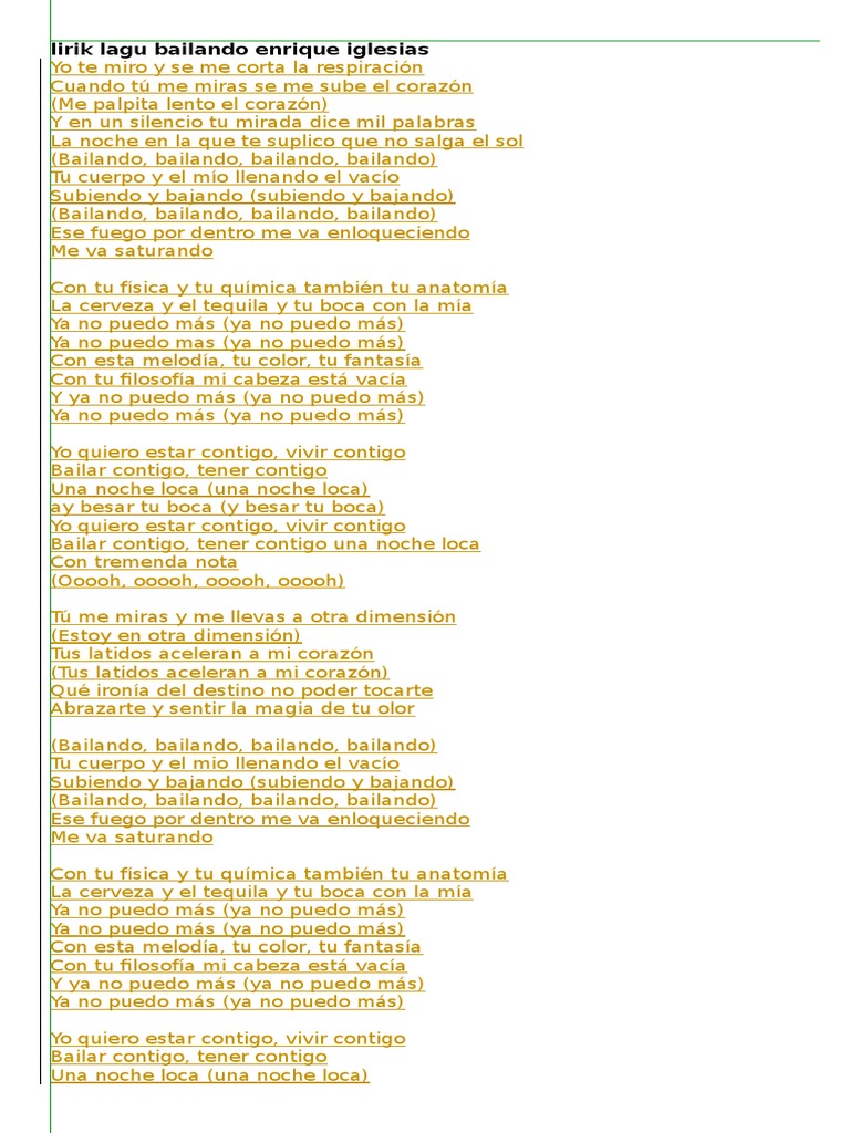 Lirik Lagu Bailando Enrique Iglesias | PDF | Musica en español, image size:768x1024