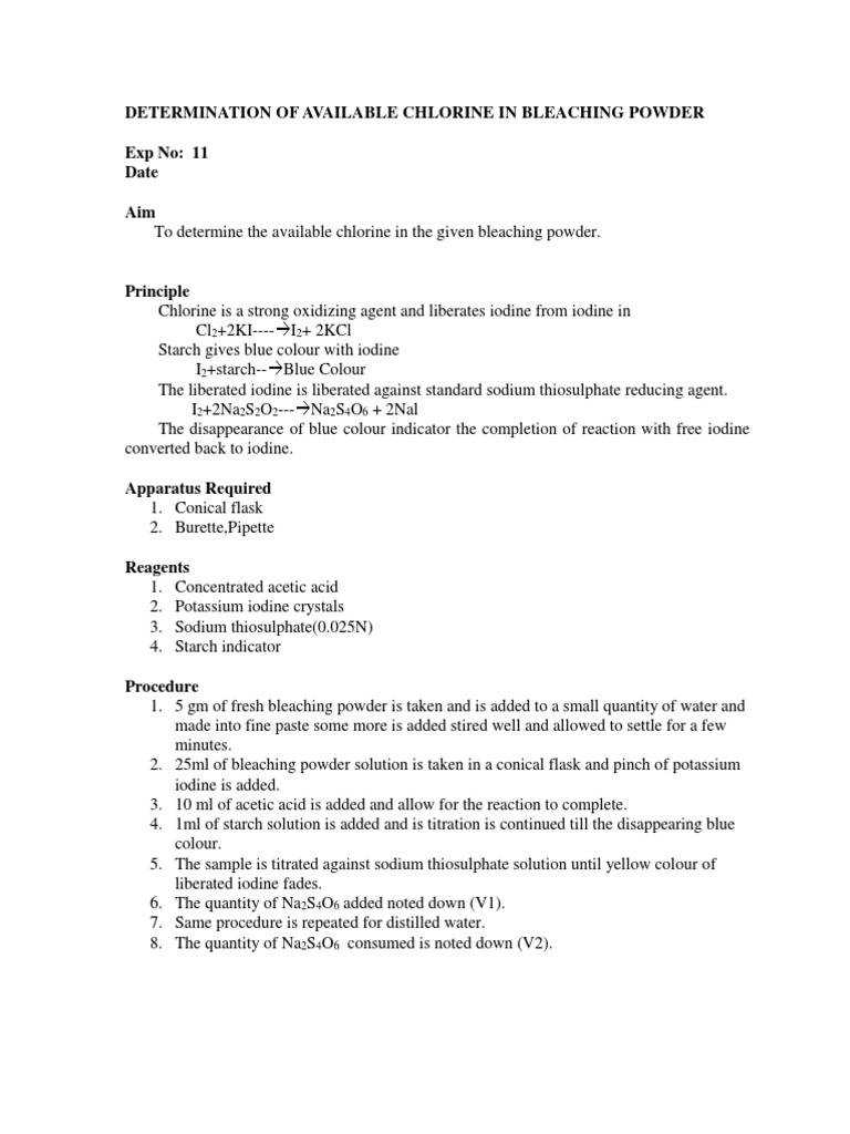 Determination of Available Chlorine in Bleaching Powder