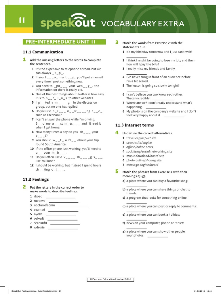 Speakout Vocabulary Extra Pre-intermediate Unit 11.pdf | Online And ...