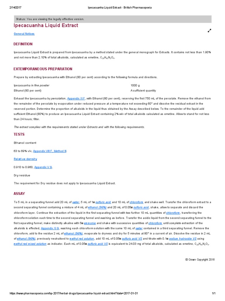Ipecacuanha Liquid Extract British Pharmacopoeia 2017 PDF Ethanol