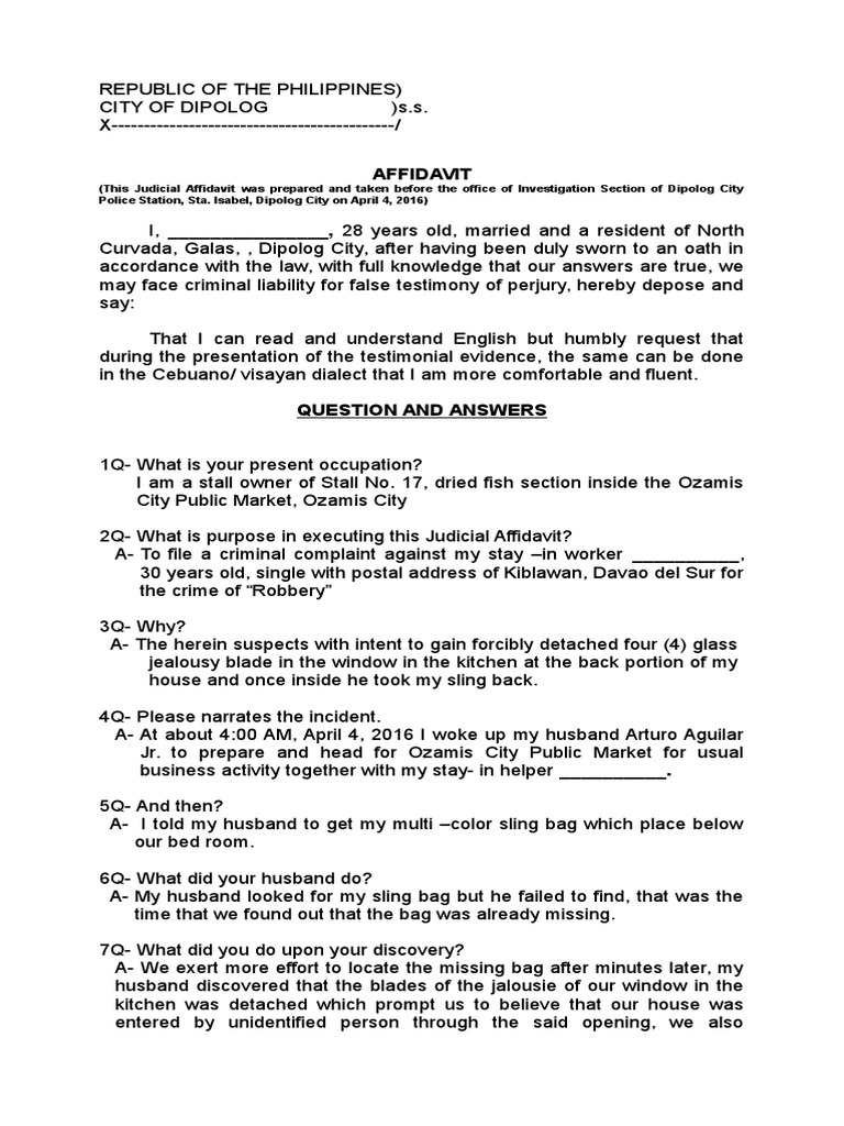 Sample Affidavit on Robbery Affidavit Perjury