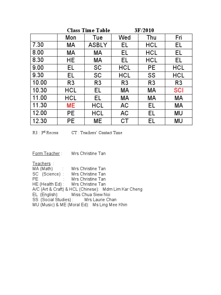 Grade 3F Weekly Class Schedule | PDF | Science & Mathematics