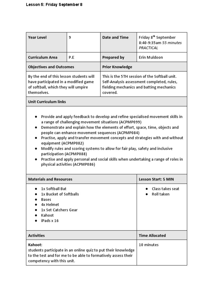 Lesson Plan 5 Download Free PDF Softball Lesson Plan