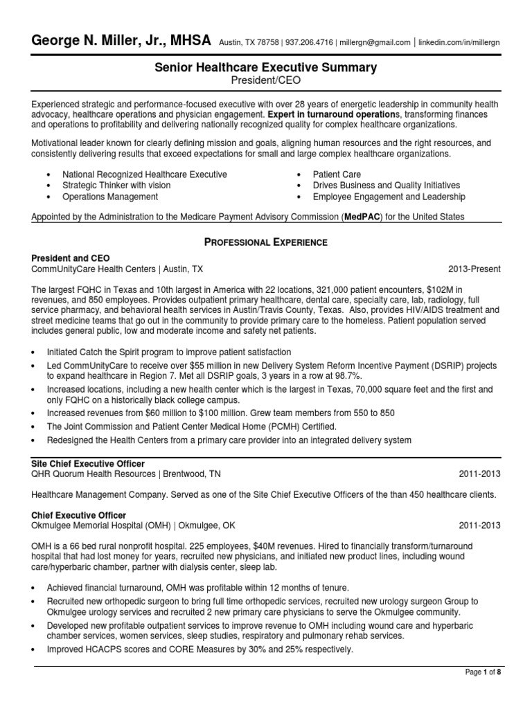 President CEO Hospital Healthcare in United States Resume George Miller ...