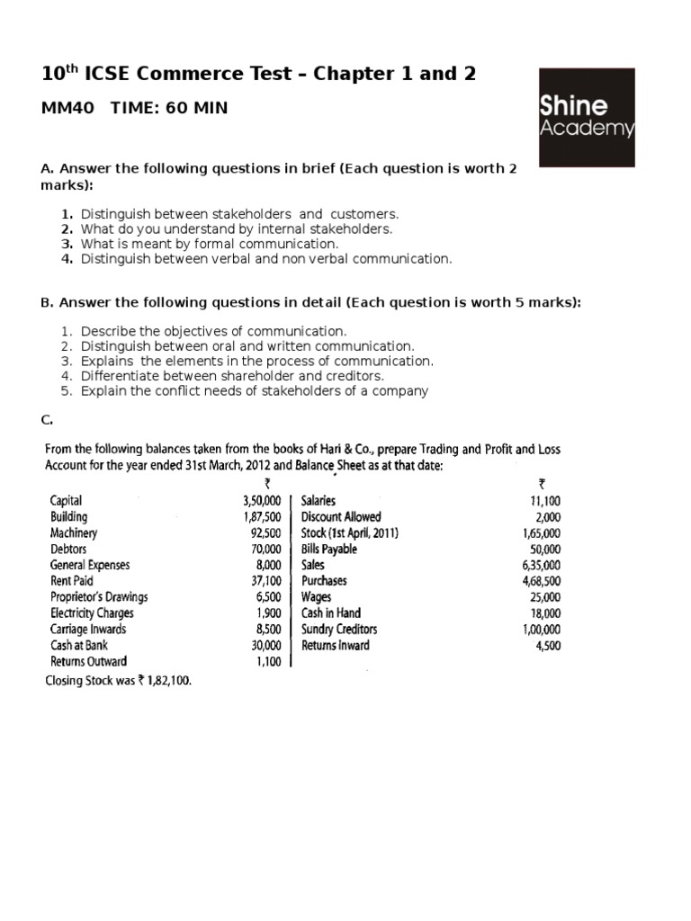 ICSE Commerce Test: Key Questions Overview | PDF | Communication ...