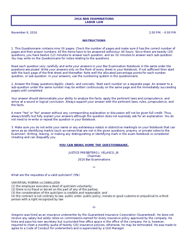 2016 Bar Examinations Labor Law PDF Surety Bond Employment