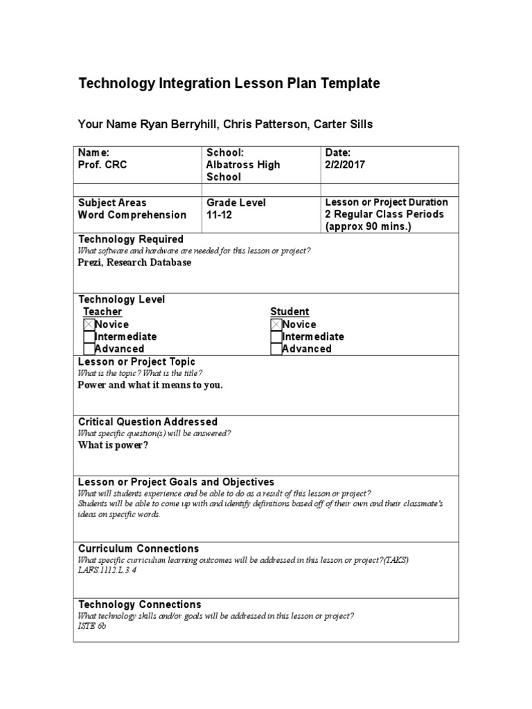Technology Integration Lesson Plan Template-2 | PDF | Lesson Plan ...