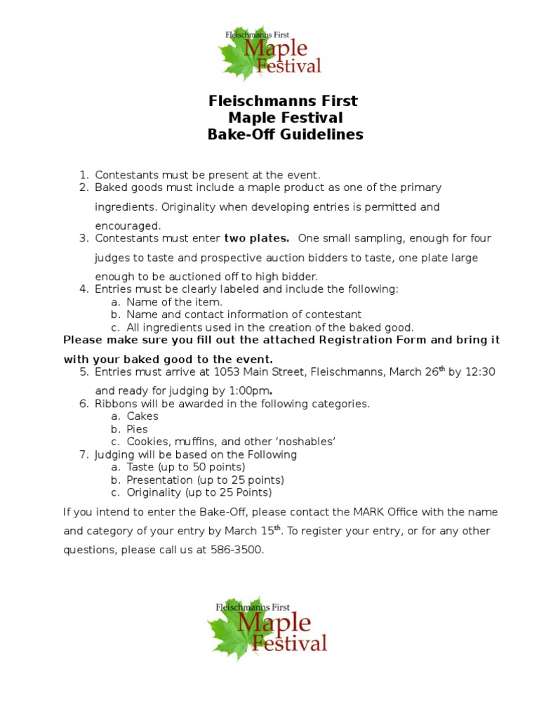 Fleischmanns First Maple Fest 2017 Bake Off Application and
