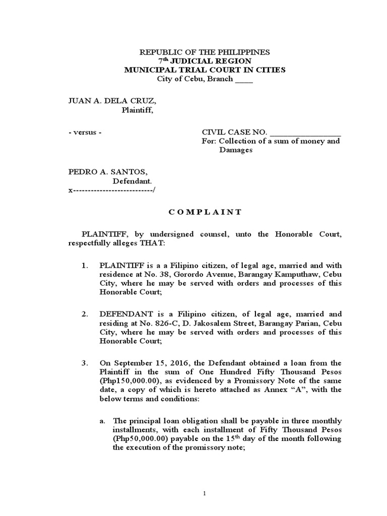 Complaint for Collection of Debt | PDF | Lawsuit | Interest