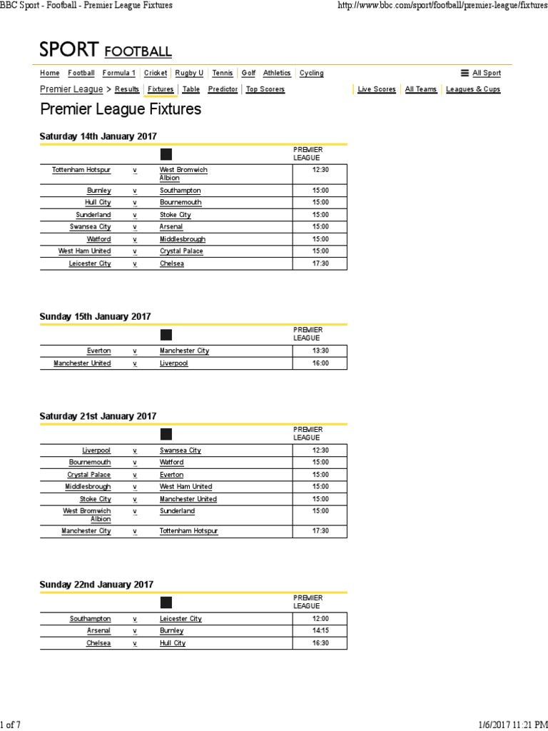 Bbc Sport Football Premier League Fixtures Premier League