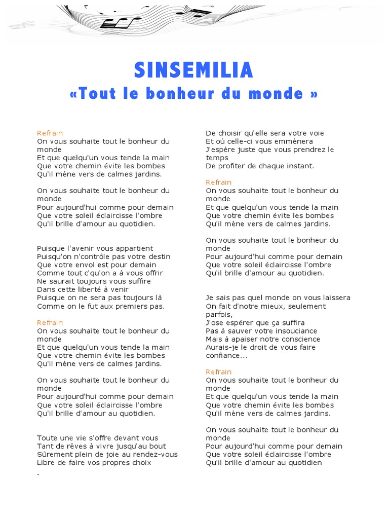 paroles de la chanson tout le bonheur du monde pdf