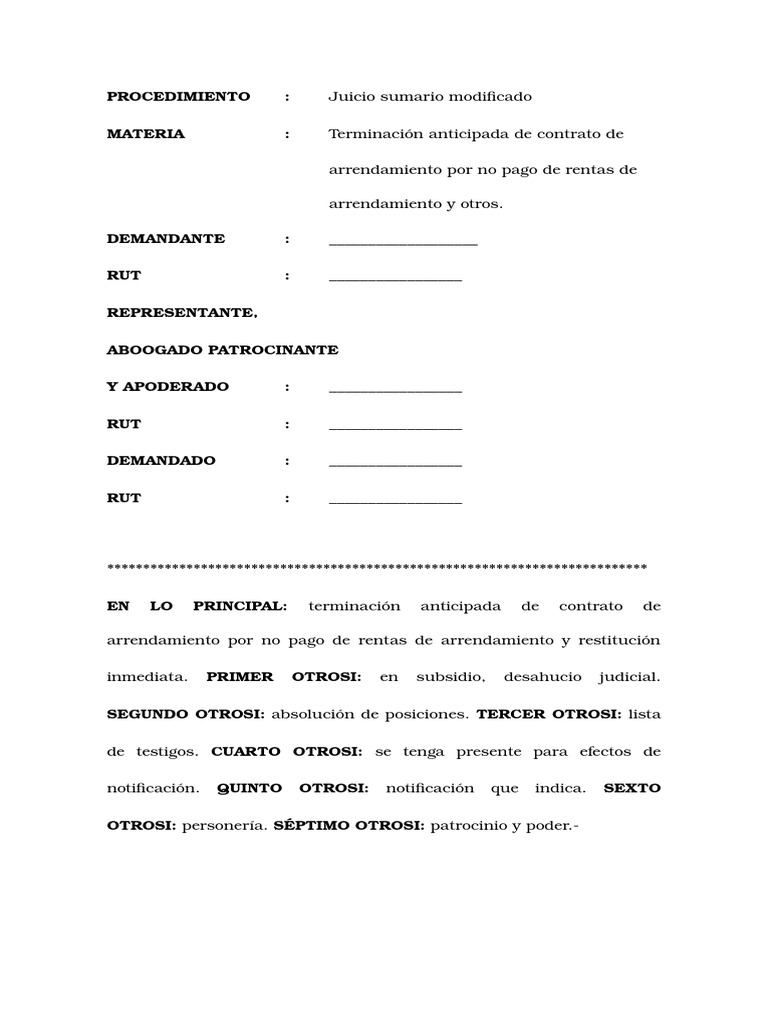 Modelo Demanda Juicio Arrendamiento Alquiler Demanda