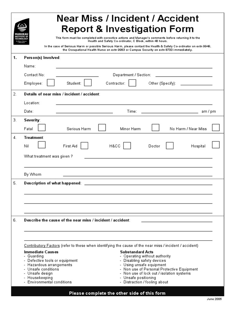 Near Miss Incident Report Form | PDF | Occupational Safety And Health ...