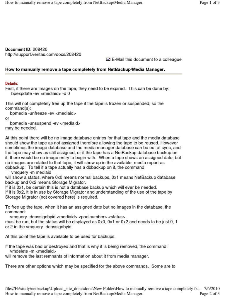 How To Manually Remove A Tape Completely From NetBackupMedia Manager