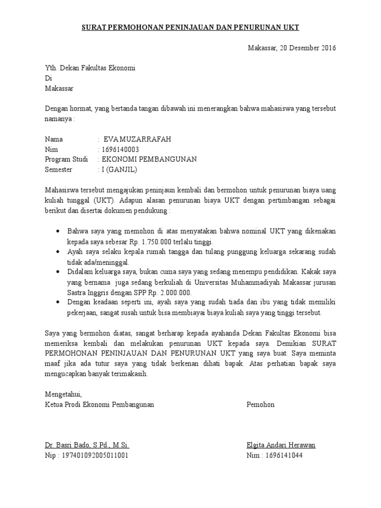 Surat Permohonan Peninjauan Dan Penurunan Ukt