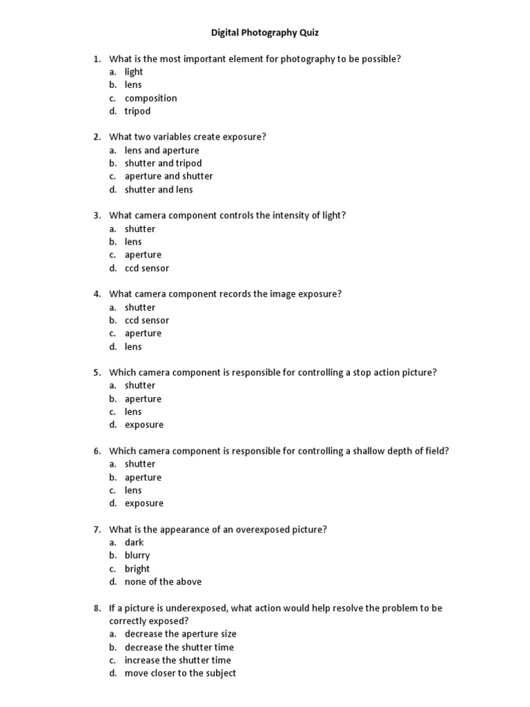 Digital Photography Quiz PDF Exposure (Photography) Shutter