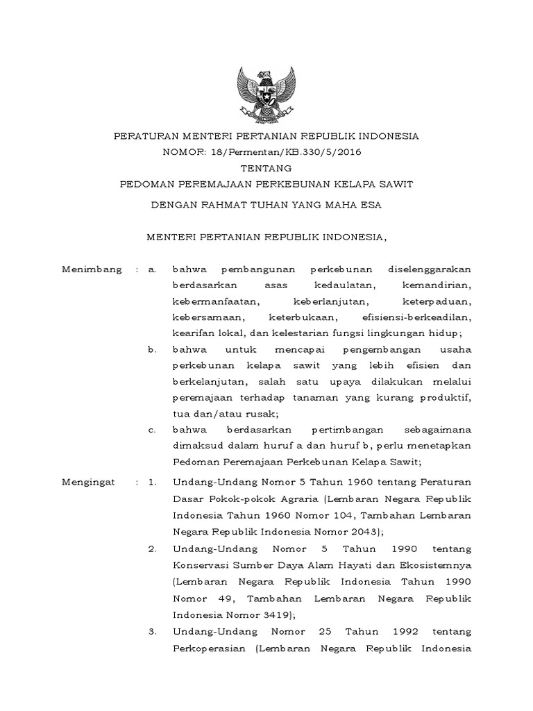 33 Permentan 182016 Peremajaan Kelapa Sawit Sawit.pdf