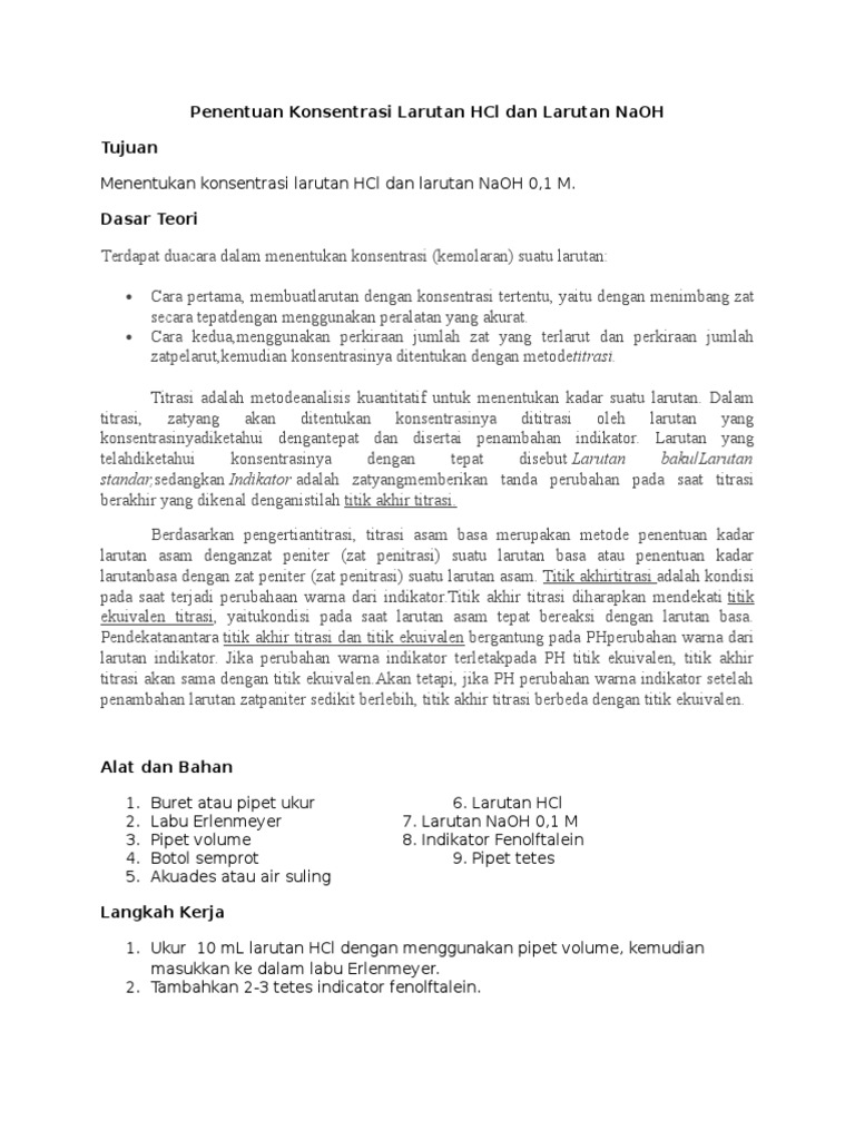 Penentuan Konsentrasi Larutan Hcl Dan Larutan Naoh