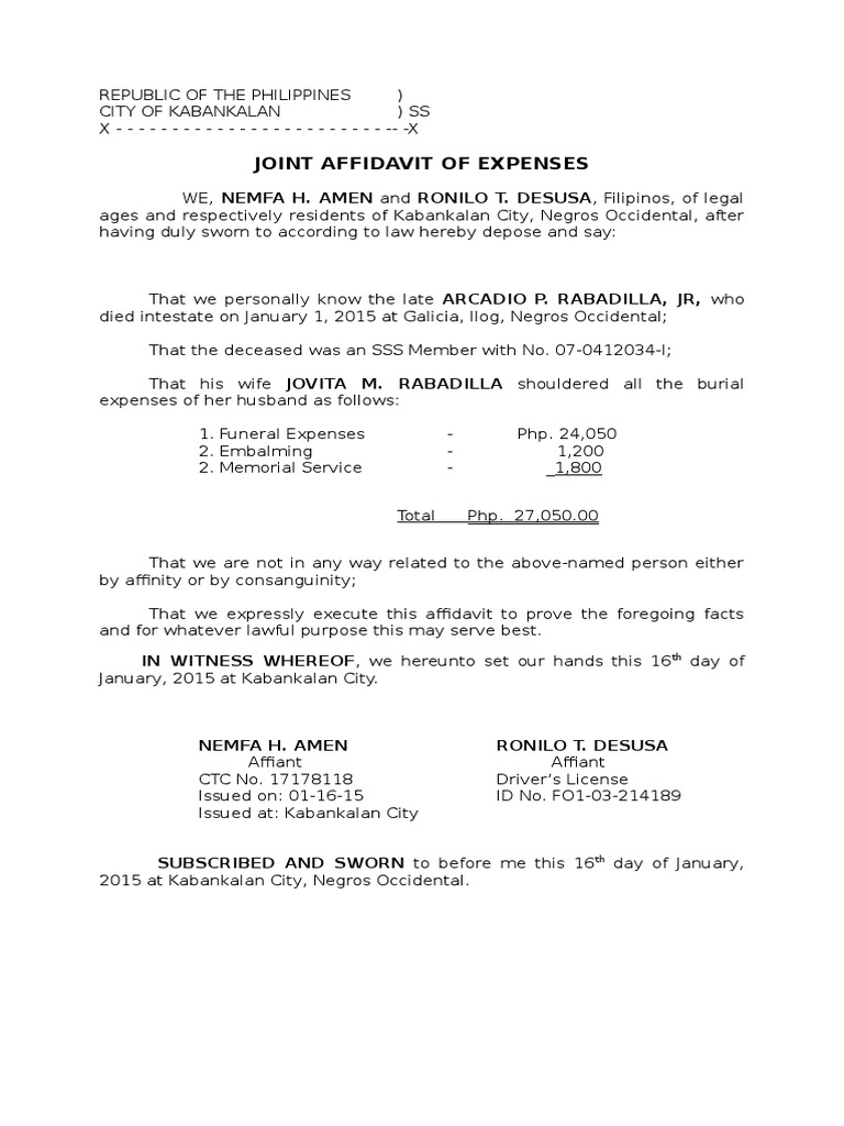 Affidavit Of Funeral Expenses
