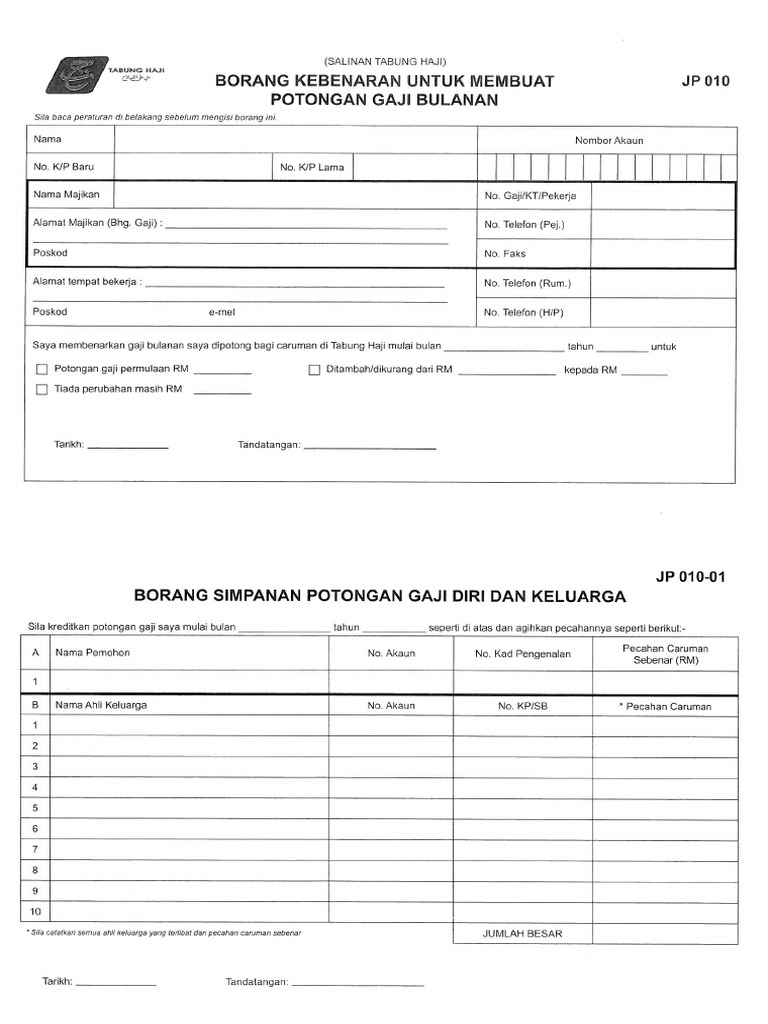 Borang Kebenaran Untuk Membuat Potongan Gaji Bulanan Tabung Haji Jp 010 Pdf
