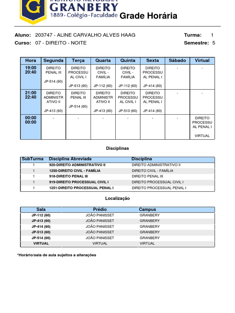 Grade Horária do Curso de Direito 5º Semestre | PDF