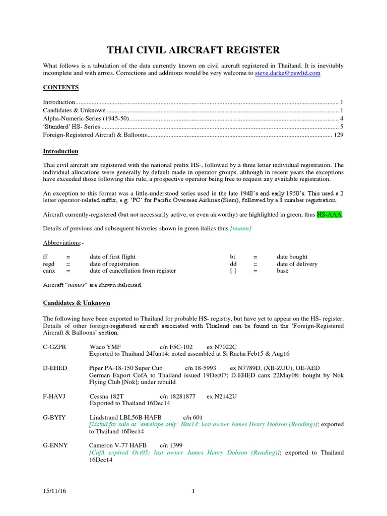 Thai Civil Aircraft Register 2017 by Thaiflight | PDF | Aircraft |  Transport Companies