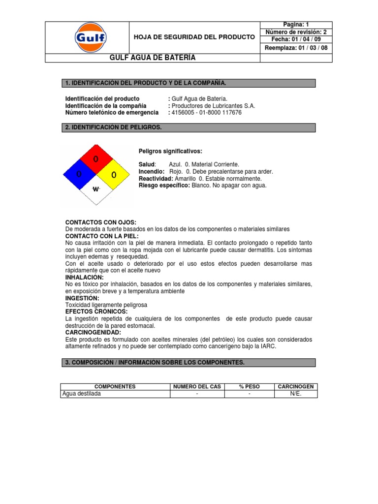 Hoja de Seguridad Gulf Agua de Bateria PDF Toxicidad Batería