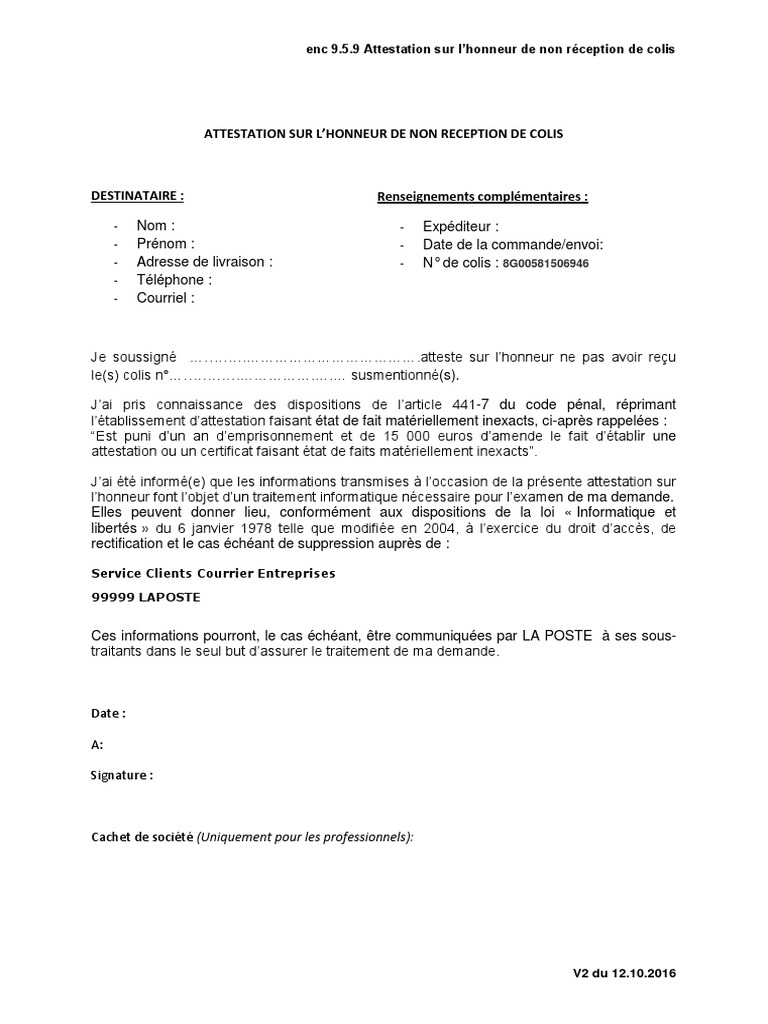 Attestation De Non Rception Chronopost