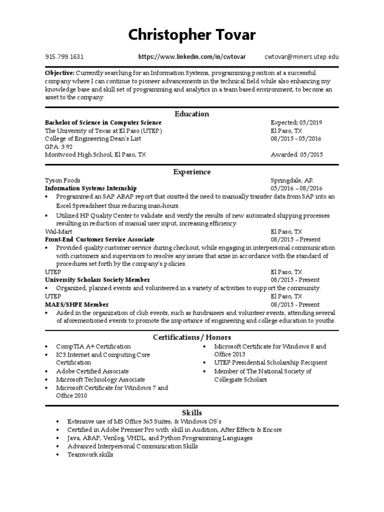 UTEP Resume of Christopher Tovar | PDF | Microsoft Excel | Information ...